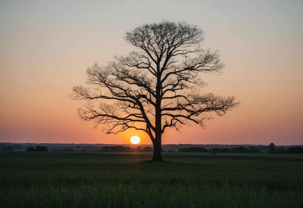 A solitary tree stands tall in a field, its branches reaching towards the sky. The sun sets in the distance, casting a warm glow over the landscape