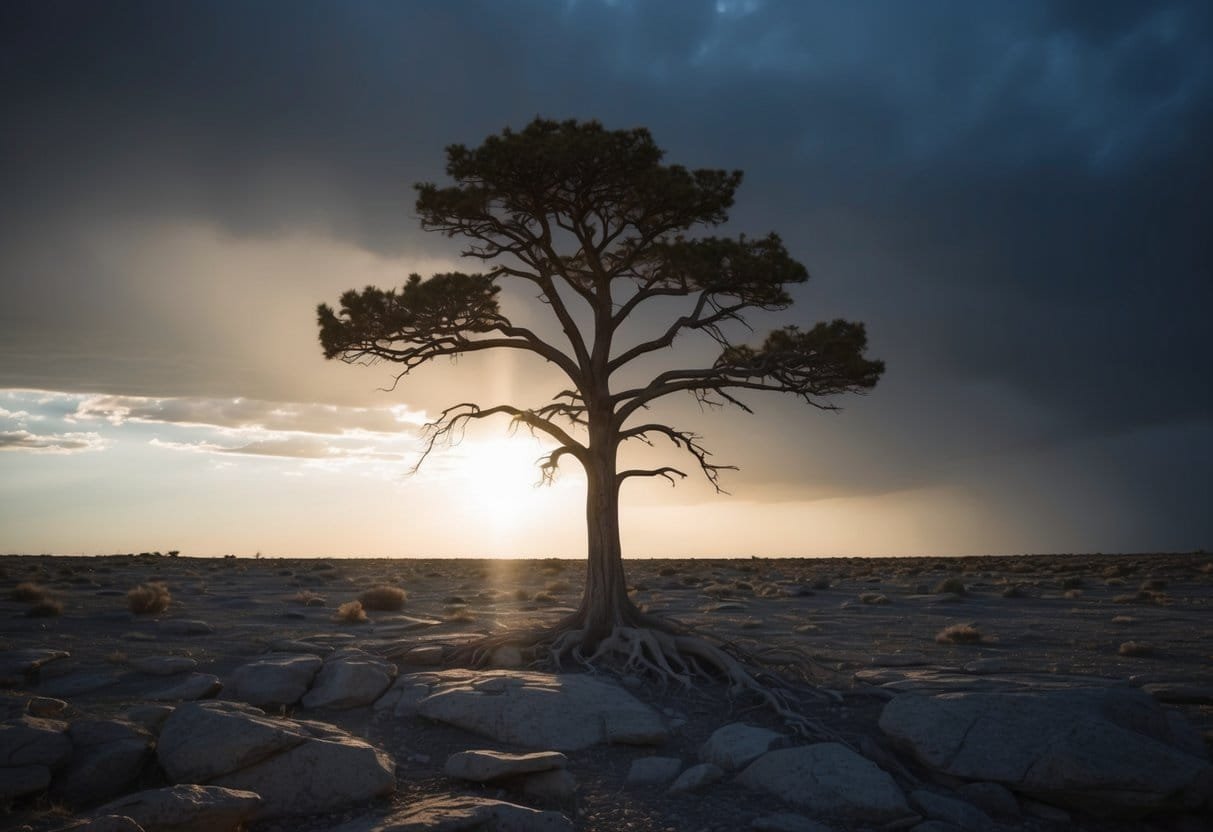 A lone tree stands tall amidst a barren landscape, its roots digging deep into the rocky ground. Dark storm clouds loom overhead, but a ray of sunlight breaks through, illuminating the tree's resilient branches
