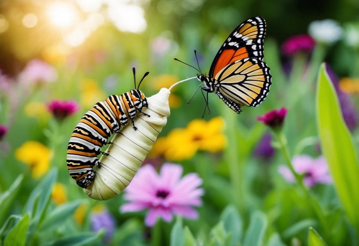 A caterpillar emerging from a cocoon, transforming into a butterfly amidst a vibrant garden