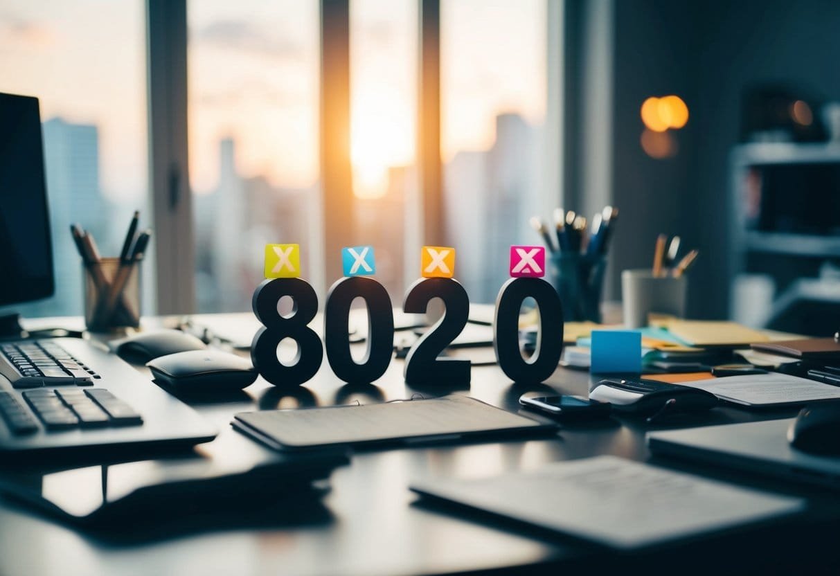 A cluttered desk with a few key items standing out among the rest, symbolizing the 80/20 rule in decision-making
