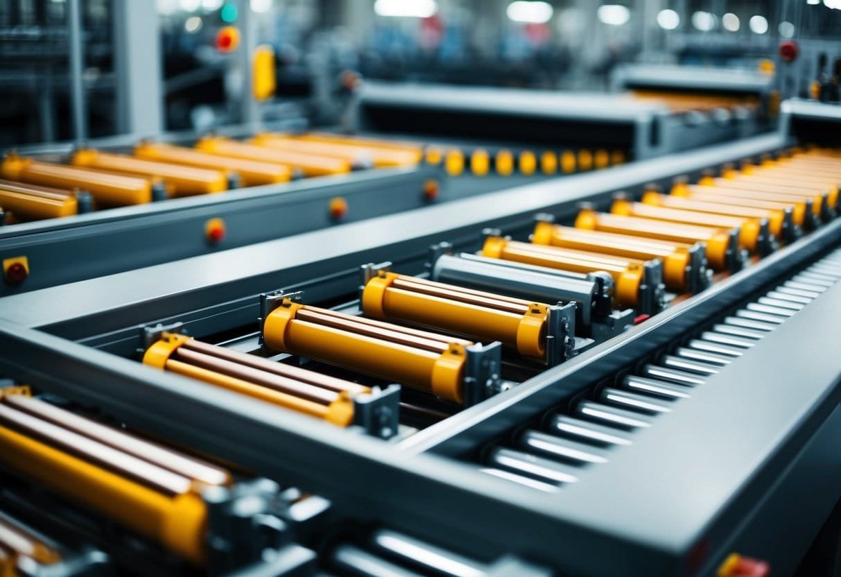 A conveyor belt moving products through a series of automated machines, efficiently streamlining the workflow