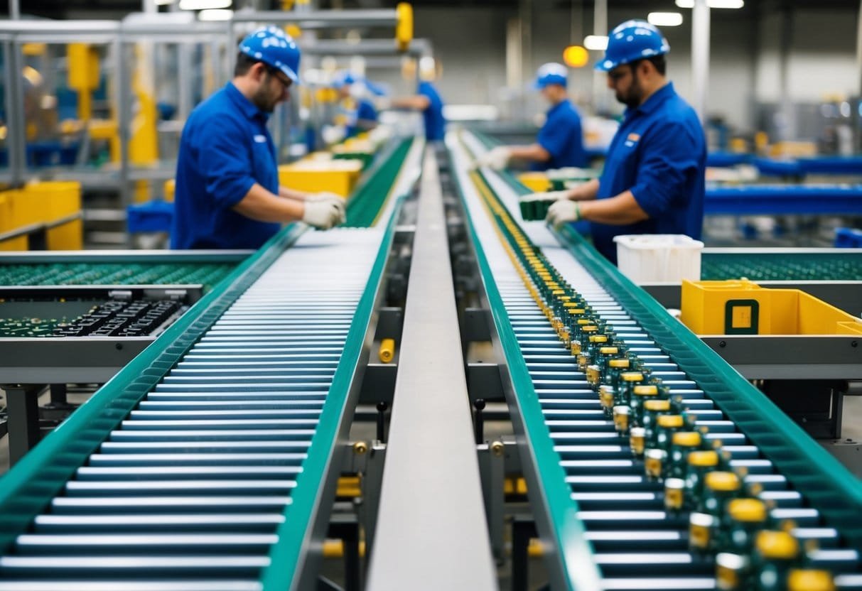 A conveyor belt system with various products moving through different stages of production, with workers operating machinery to streamline the workflow
