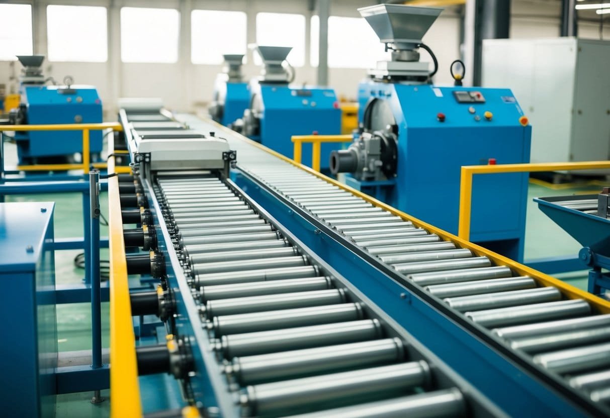 A series of interconnected machines and conveyors efficiently process and batch materials, streamlining the workflow in a modern industrial setting