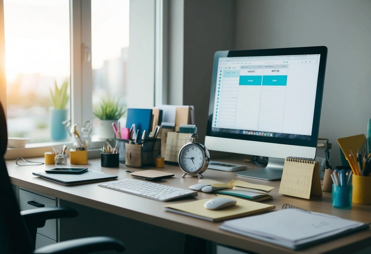 A clutter-free desk with organized supplies, a timer, and a schedule planner. A computer with open tabs for batching tasks. A focused, efficient workspace