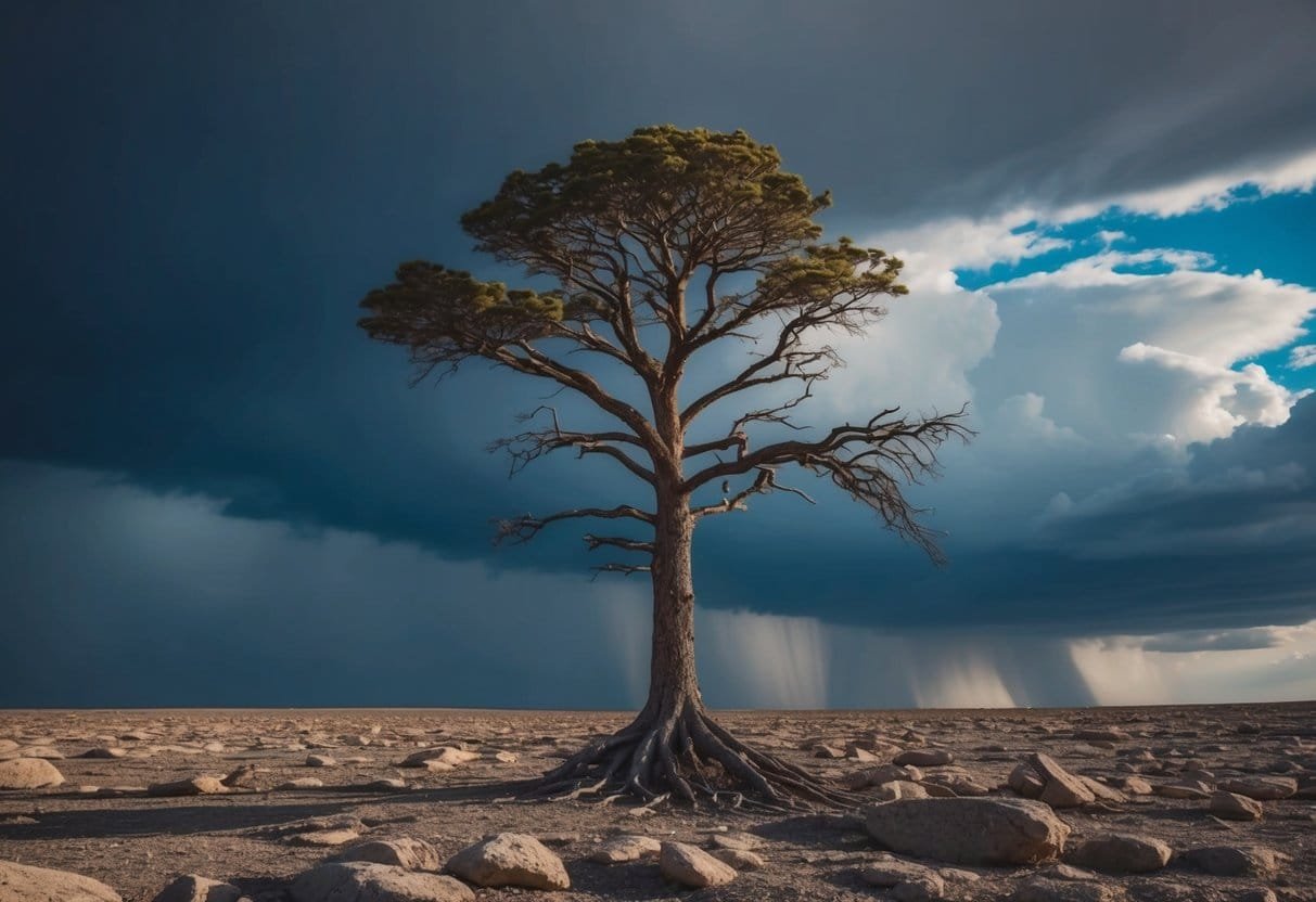 A lone tree stands tall amidst a barren landscape, its roots firmly anchored in the rocky ground. Dark storm clouds loom overhead, but the tree stands strong, symbolizing emotional resilience