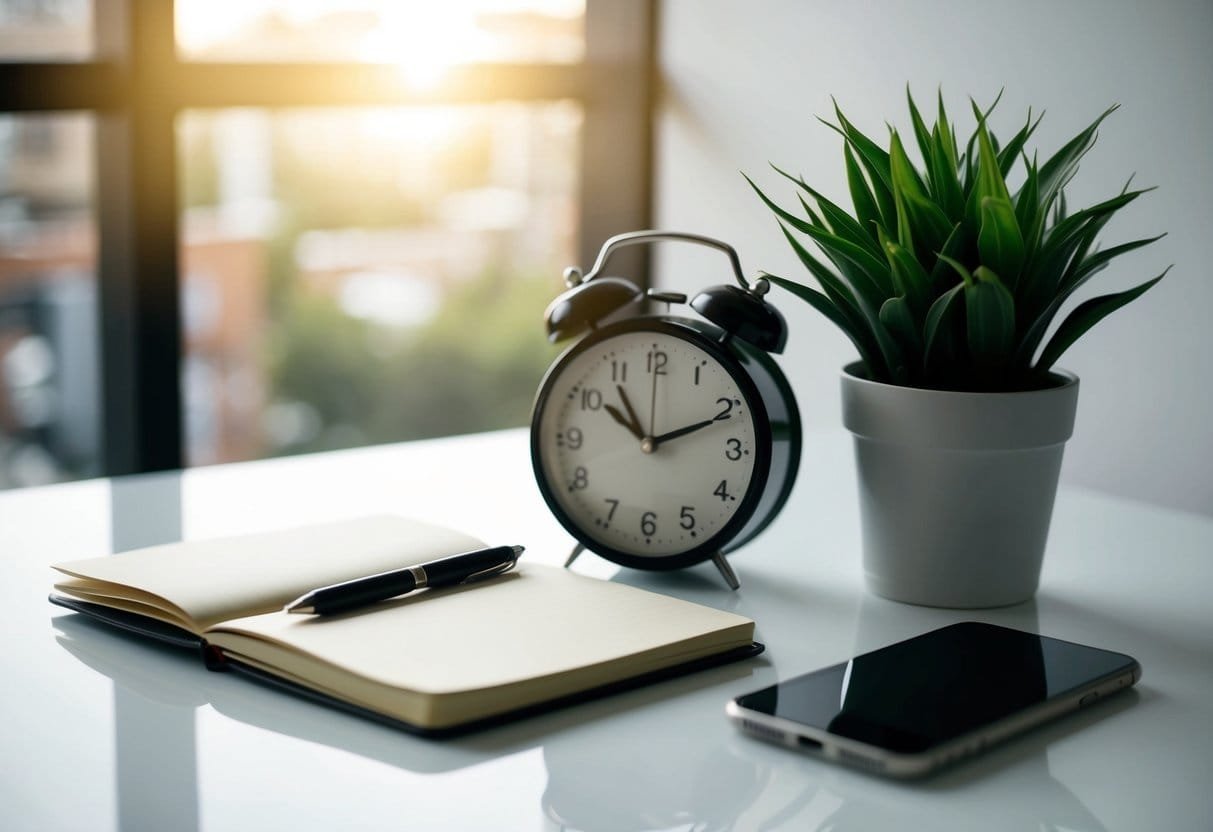 A clutter-free desk with a single notebook, pen, and a potted plant. A clock displays 10:00, and a smartphone is placed face down