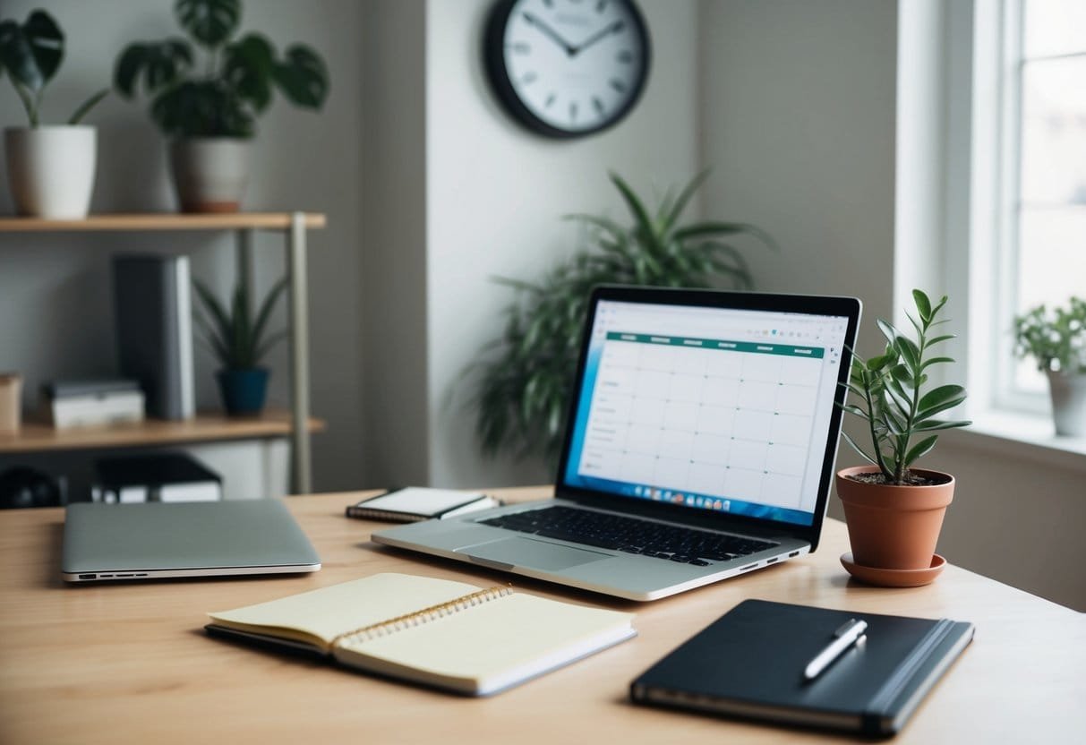 A clutter-free desk with a laptop, notebook, and a potted plant. A clock on the wall shows a balanced schedule. A serene, organized space
