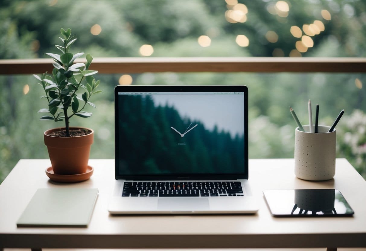 A serene workspace with a single laptop, a potted plant, and a minimalist desk organizer. The laptop screen displays a simple clock and a peaceful nature background
