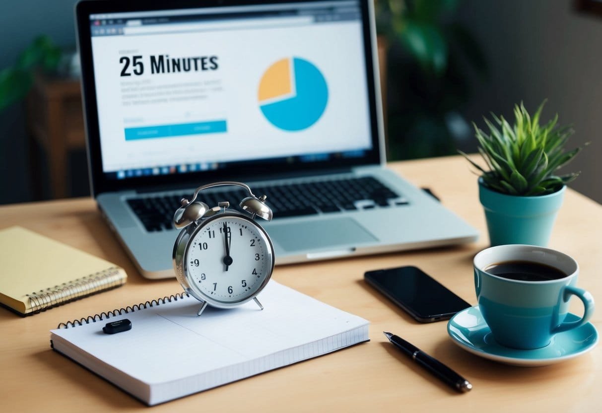 A desk with a timer set to 25 minutes, a notepad, and a pen. A laptop open to a productivity website. A cup of coffee and a potted plant