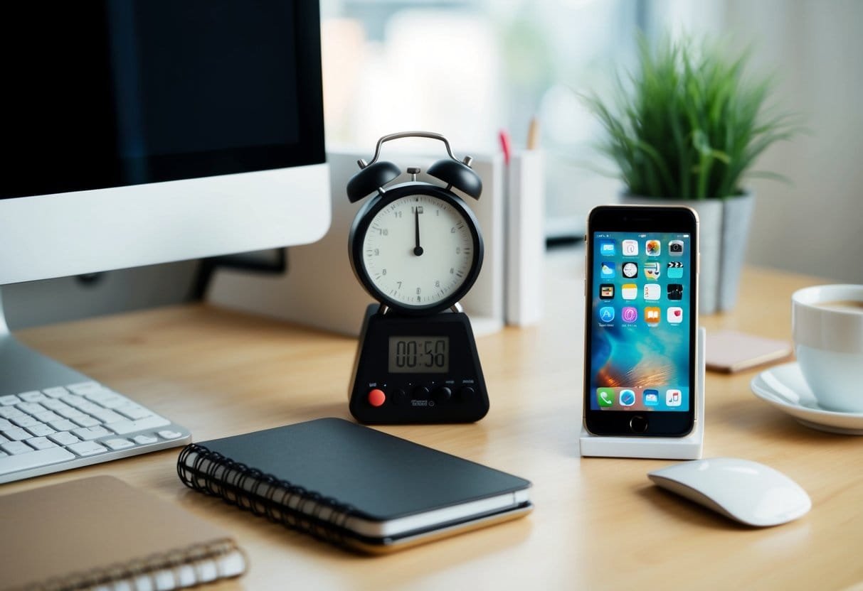 A clutter-free desk with a timer, notebook, and smartphone displaying focus-enhancing apps
