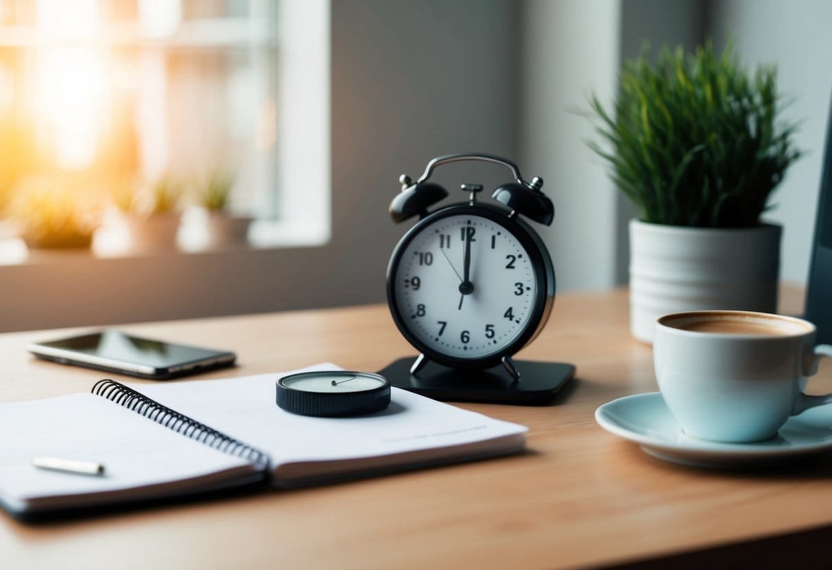 A cluttered desk with a timer counting down, a notepad, and a cup of coffee, surrounded by a serene and organized workspace