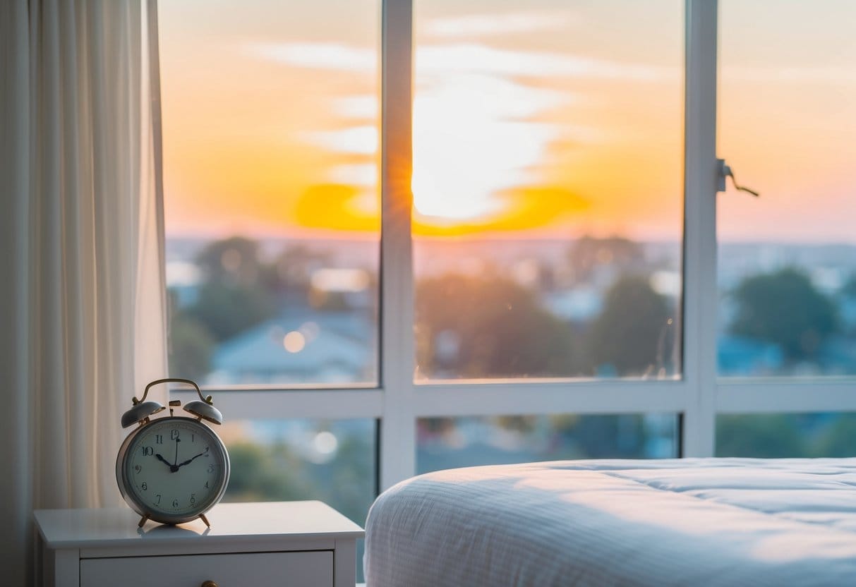 A serene bedroom at sunrise, with soft light filtering through the window onto a neatly made bed. A clock on the nightstand shows the time as 6:00 am