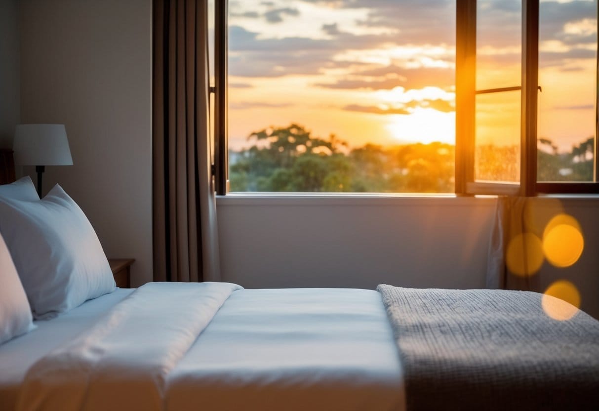 A serene bedroom with a glowing sunrise peeking through the window, casting a warm light on a neatly made bed and a peaceful atmosphere