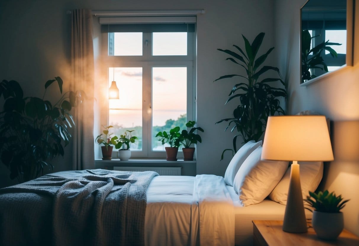 A serene bedroom with a dim lamp, a cozy bed, and a window with soft morning light filtering in, surrounded by plants and a peaceful atmosphere