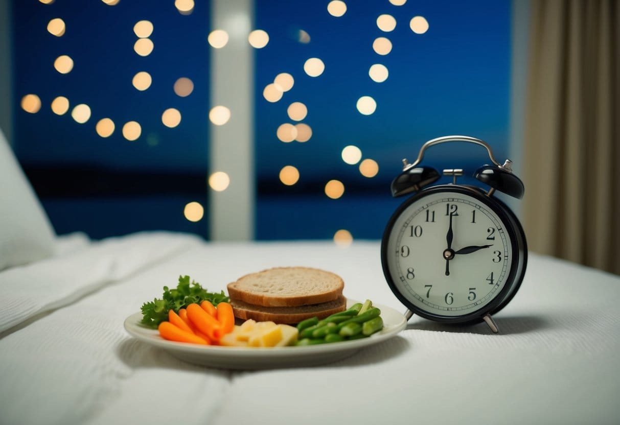 A serene bedroom at night with a balanced meal and a clock showing bedtime, symbolizing the impact of diet on the sleep-wake cycle