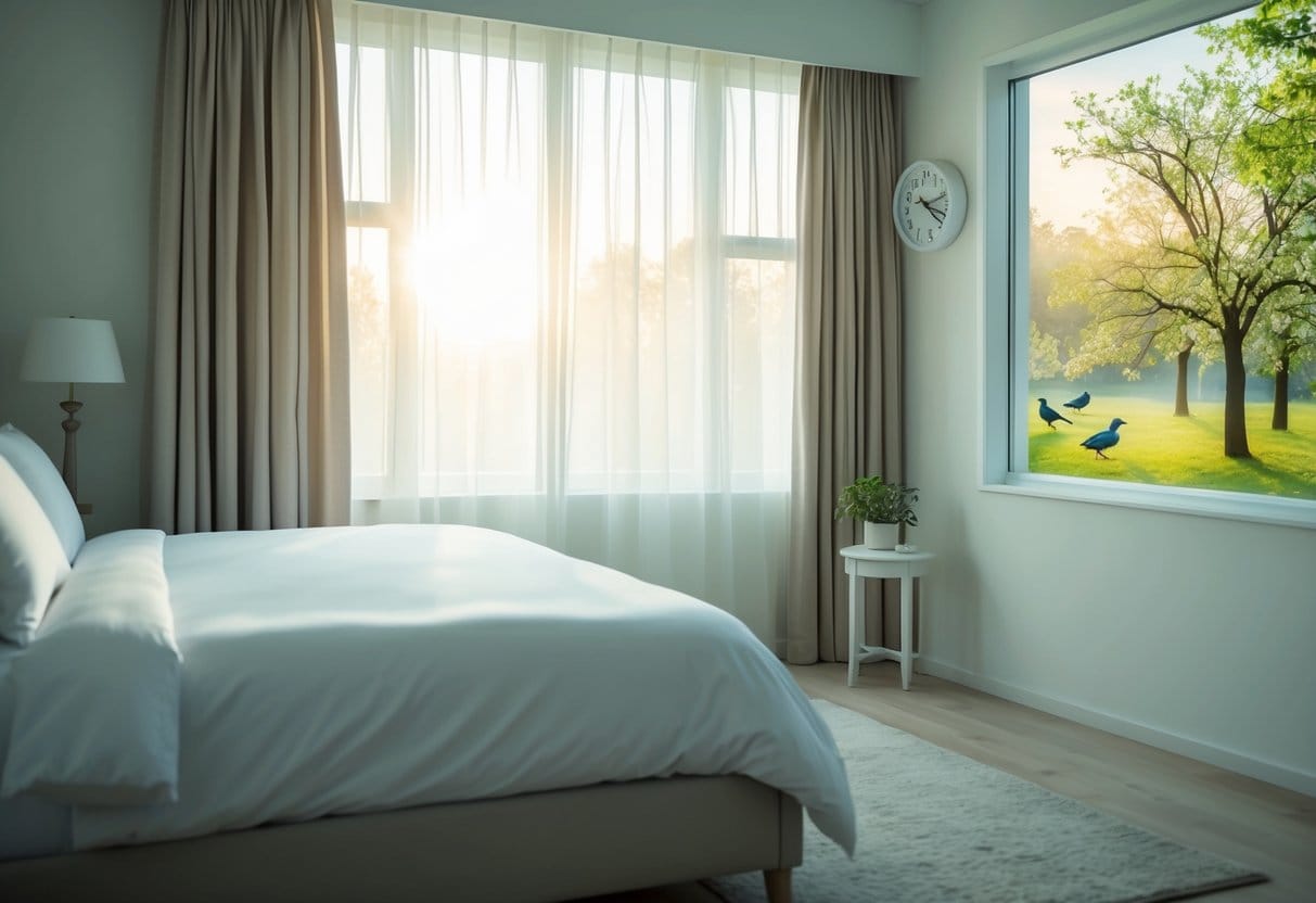 A serene bedroom with soft morning light filtering through the curtains, a peaceful outdoor setting with trees and birds, and a clock showing the time of day