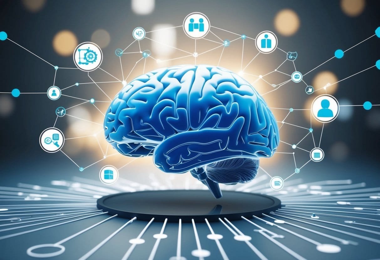 A brain surrounded by interconnected networks of information and knowledge, symbolizing the concept of building a second brain
