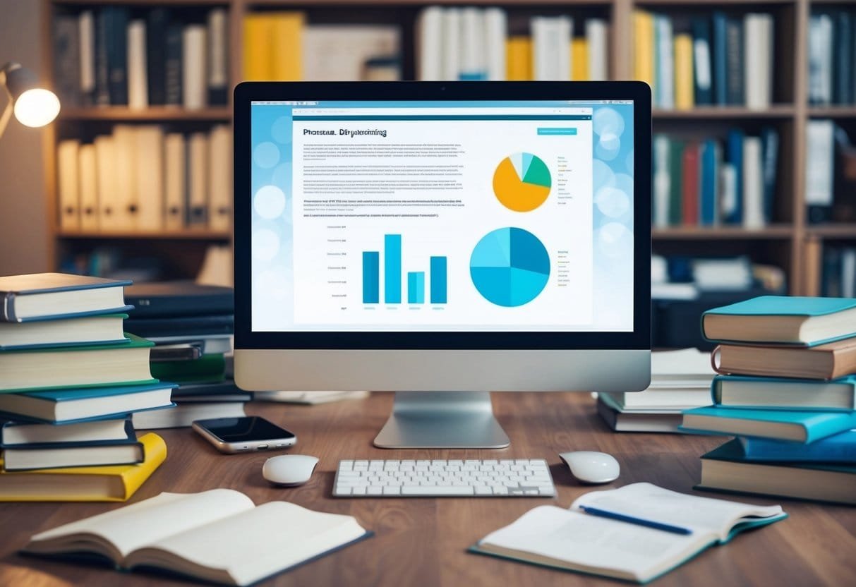 A computer screen surrounded by books, files, and digital devices, symbolizing the process of organizing and storing knowledge for success