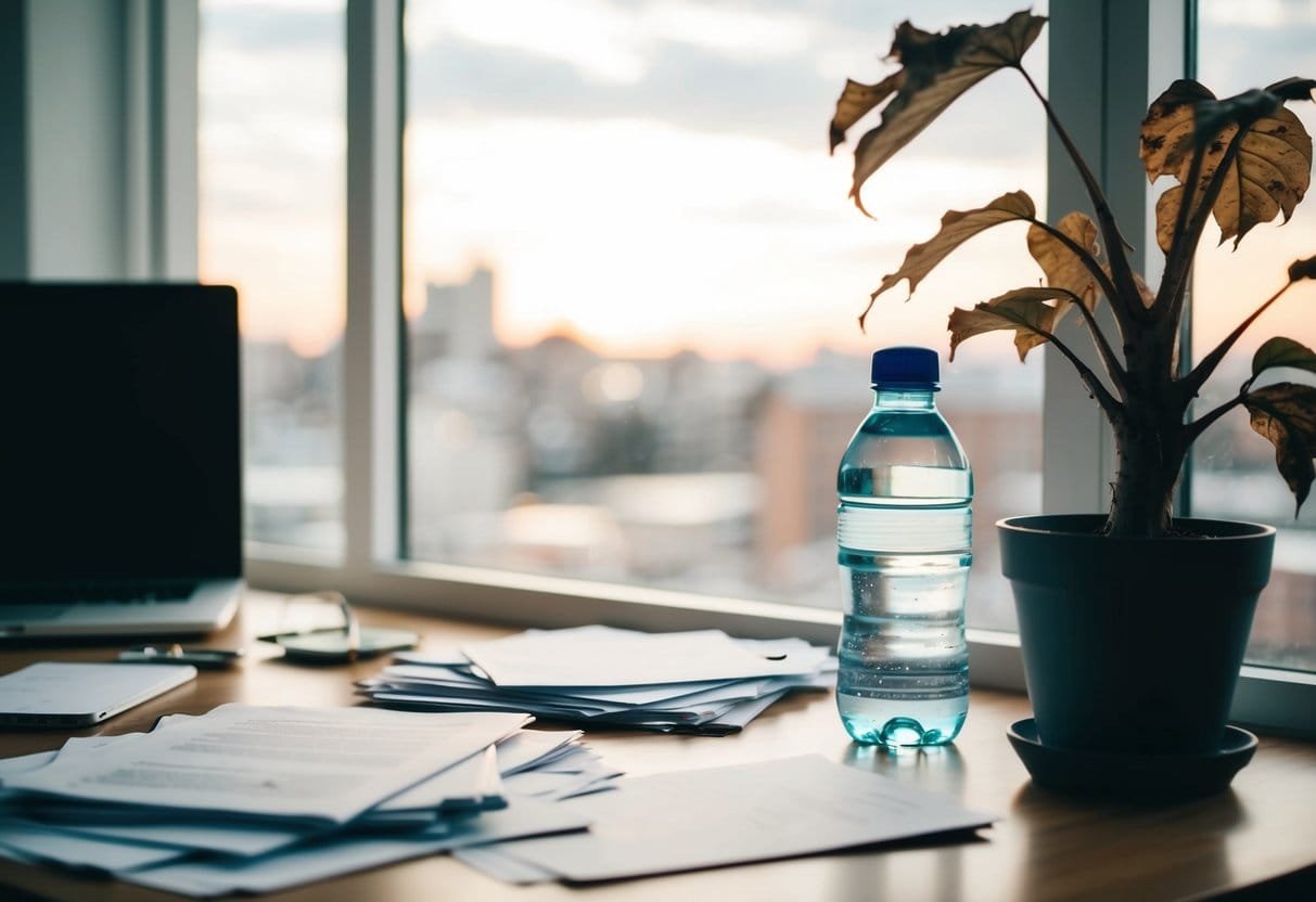 A cluttered desk with scattered papers, a half-full water bottle, and a potted plant with wilted leaves