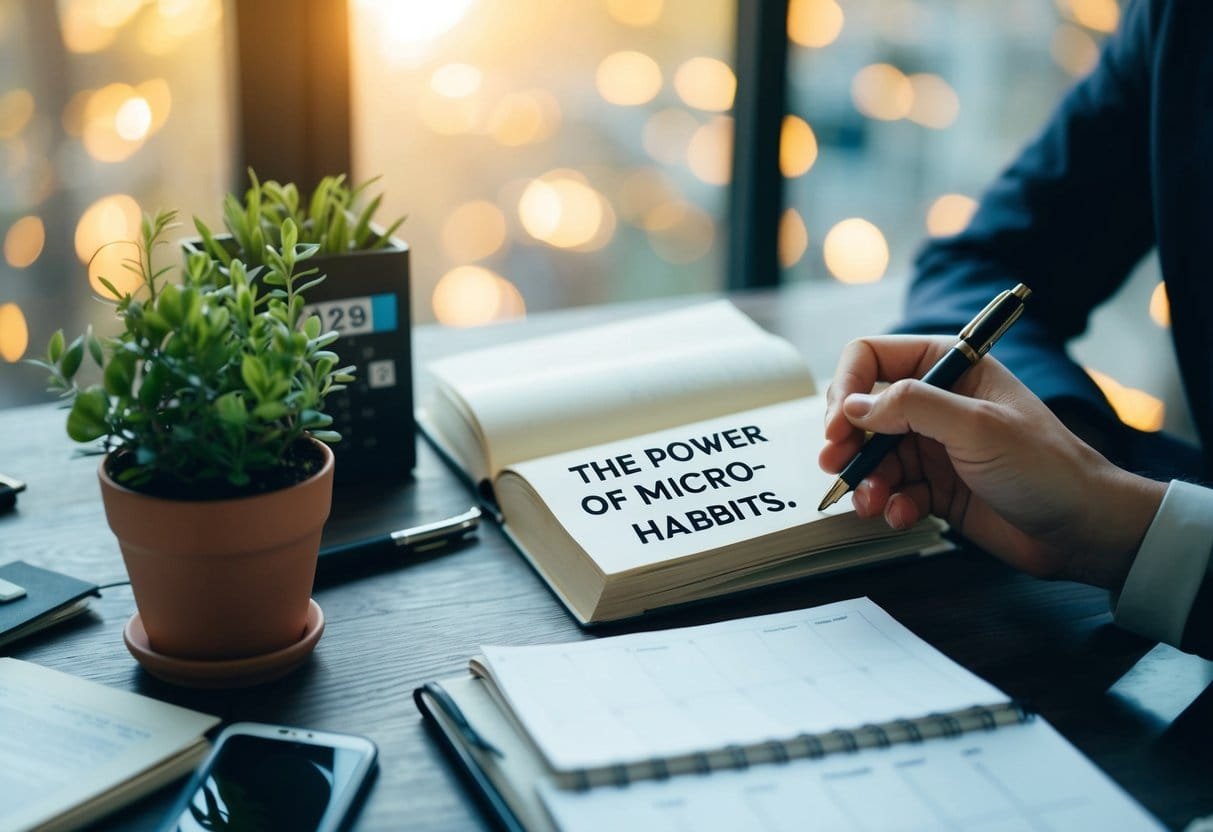 A cluttered desk with a calendar, potted plant, and open book on "The Power of Micro-Habits." A person's hand reaching for a pen
