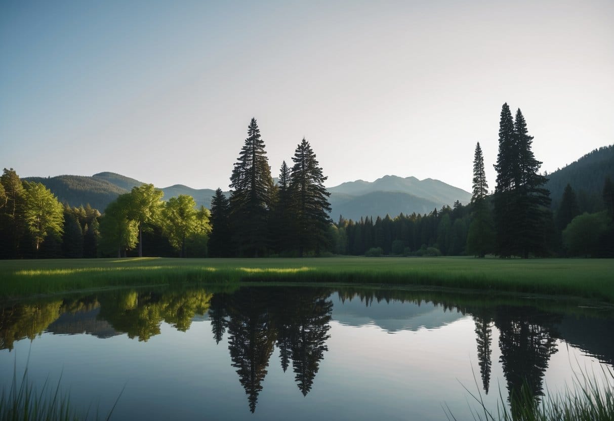 A serene landscape with a still pond, surrounded by tall trees and mountains in the distance. The sky is clear and the atmosphere is peaceful and tranquil