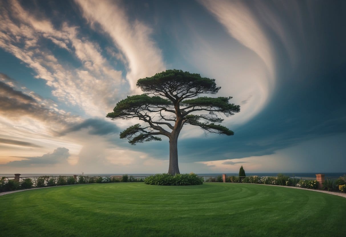 A serene garden with a lone tree standing tall amidst swirling winds and a tumultuous sky, symbolizing inner calm in the face of chaos