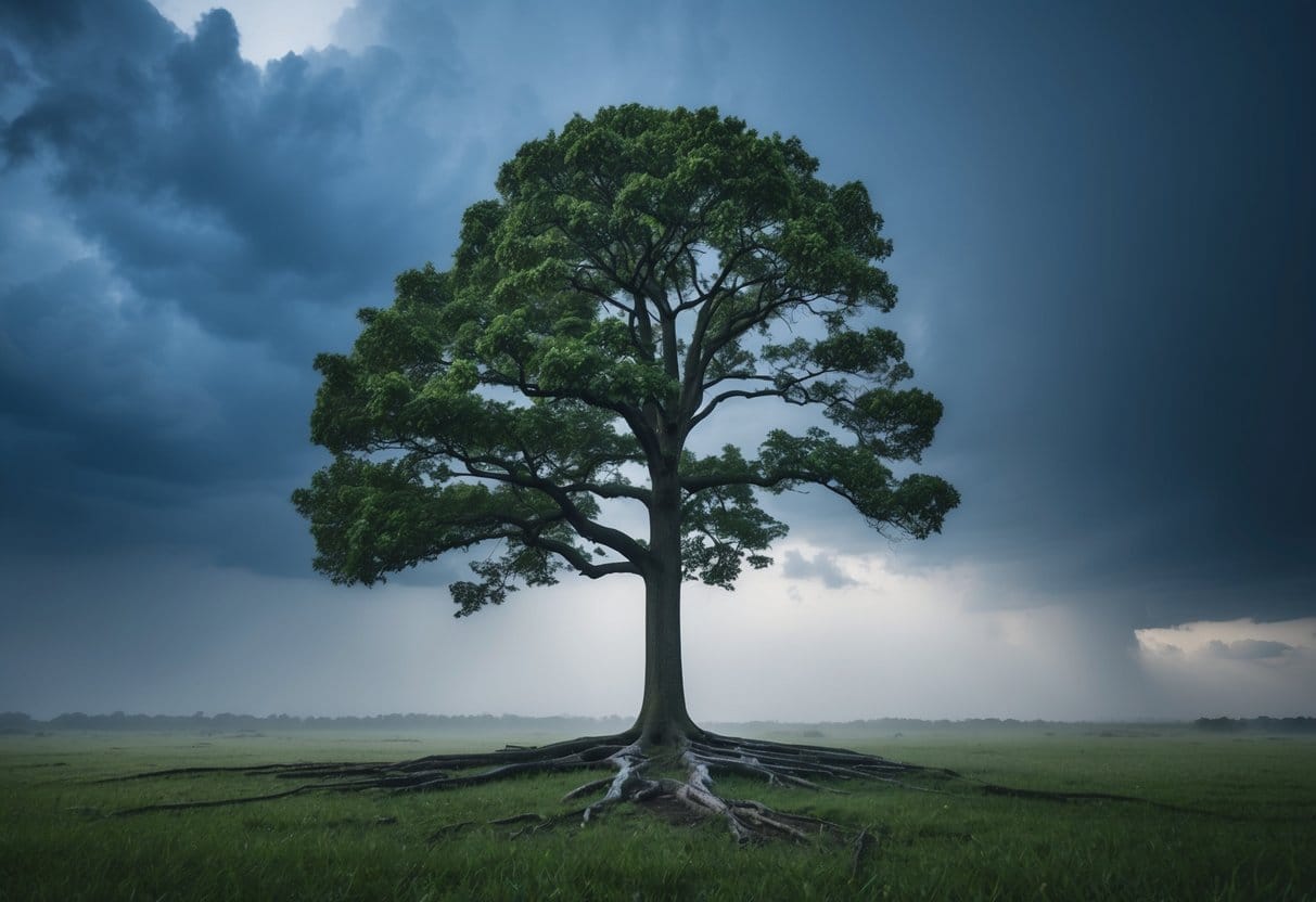A lone tree standing tall amidst a storm, its roots firmly planted in the ground as it withstands the chaos around it