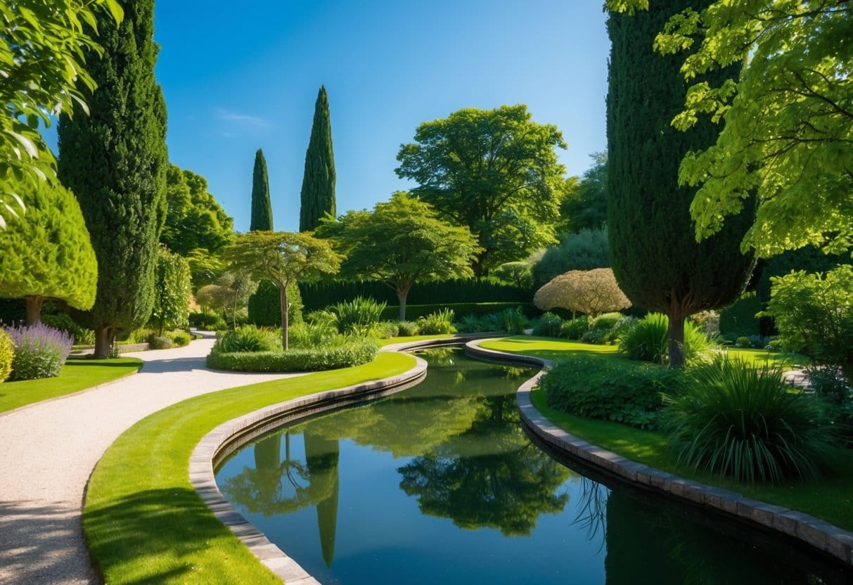 A tranquil garden with a winding path, lush greenery, and a serene pond reflecting the clear blue sky. Surrounding the scene are tall, sturdy trees providing shade and a sense of calm