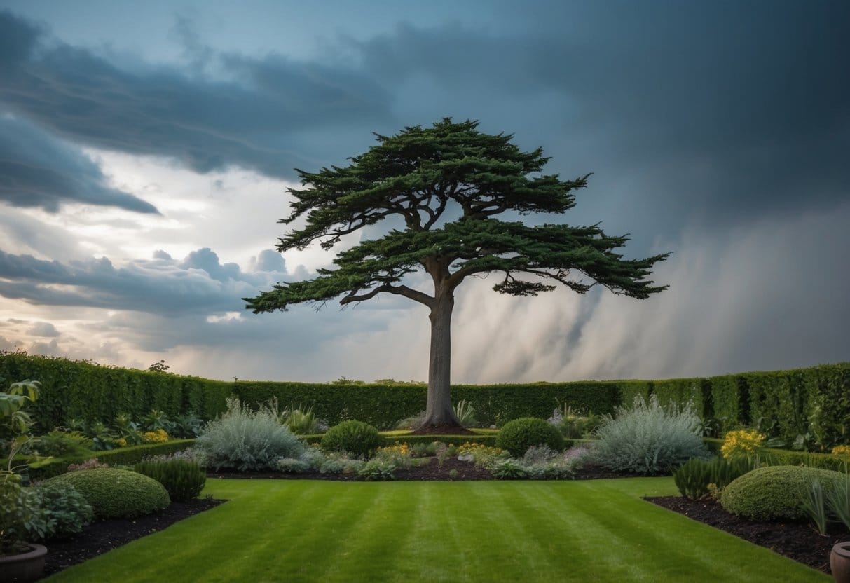 A serene garden with a lone tree standing tall amidst turbulent winds and stormy skies, symbolizing inner calm in the face of chaos