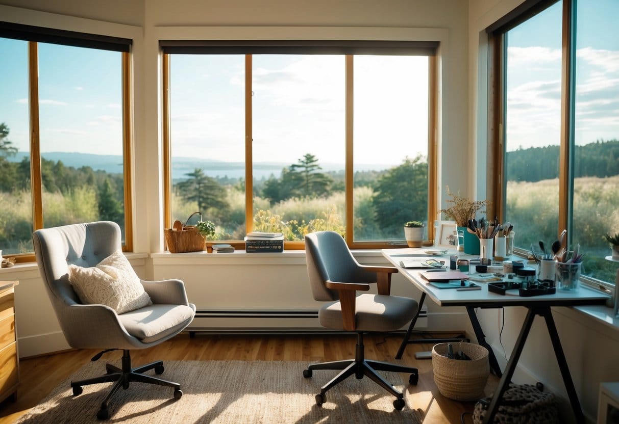 A cozy, sunlit room with a comfortable chair, a desk scattered with art supplies, and a large window overlooking a peaceful natural landscape