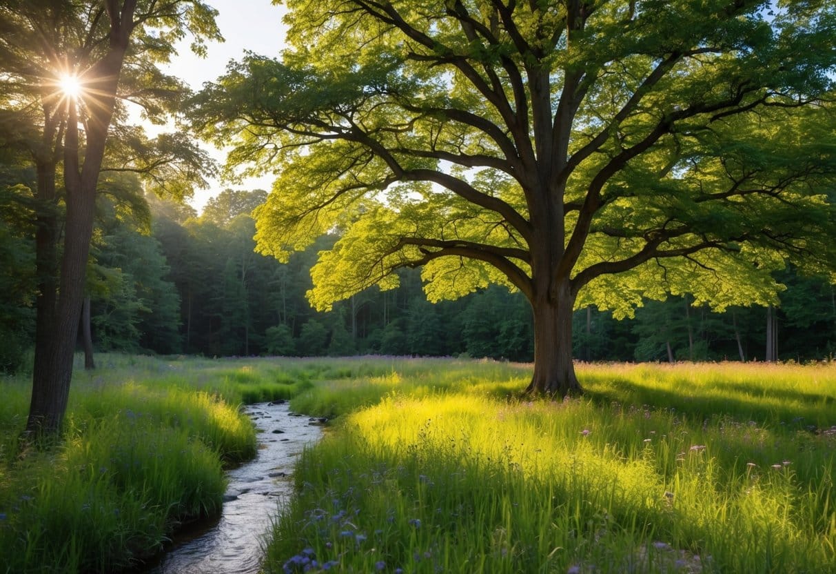 A serene, sun-dappled forest clearing, with a small stream and a lone, majestic tree, surrounded by wildflowers and dappled with sunlight