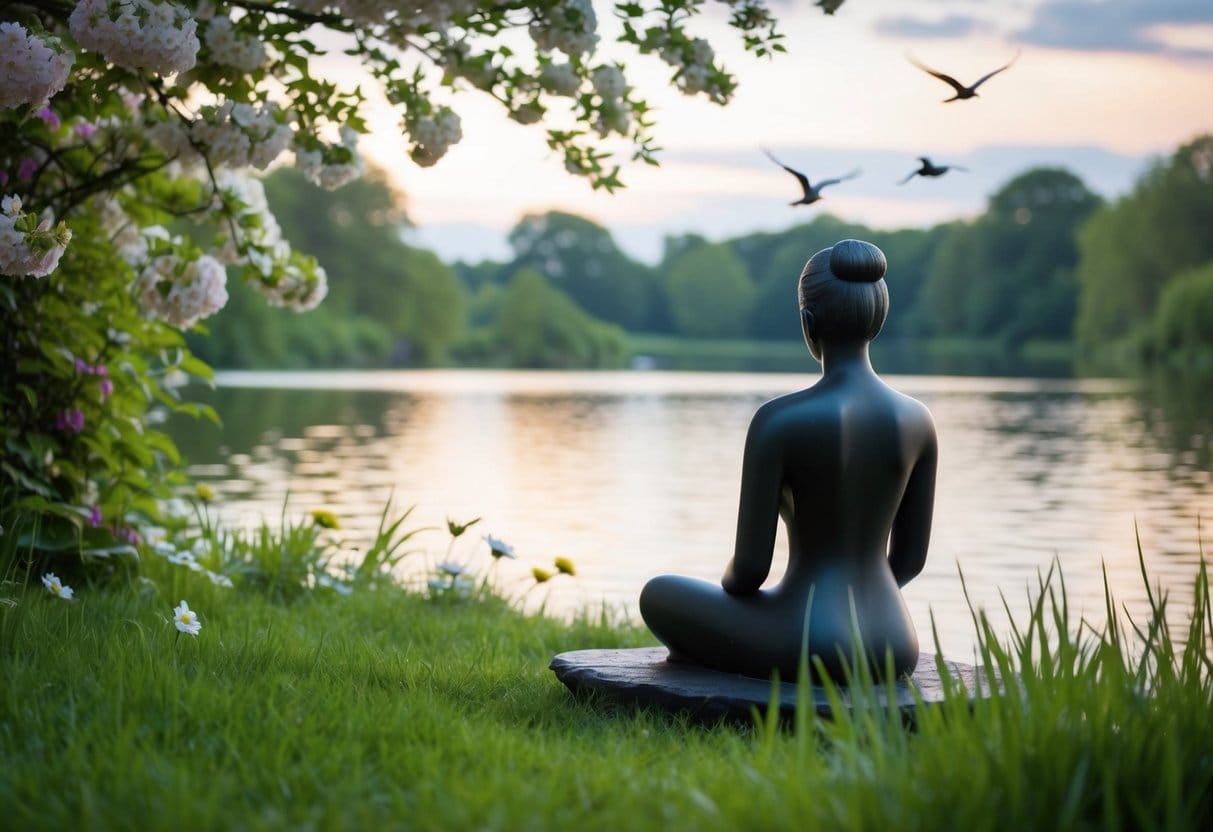 A serene figure sits by a tranquil lake, surrounded by lush greenery and blooming flowers. The gentle sound of water and birdsong create a peaceful atmosphere