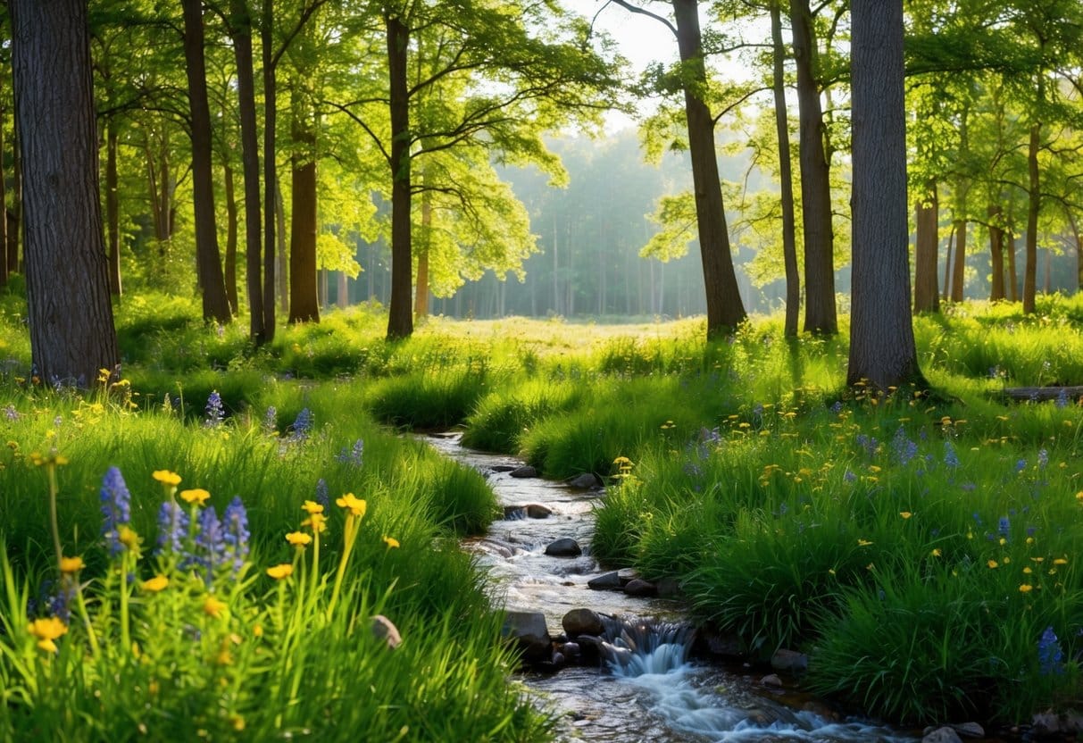 A serene forest clearing with dappled sunlight, a bubbling stream, and vibrant wildflowers