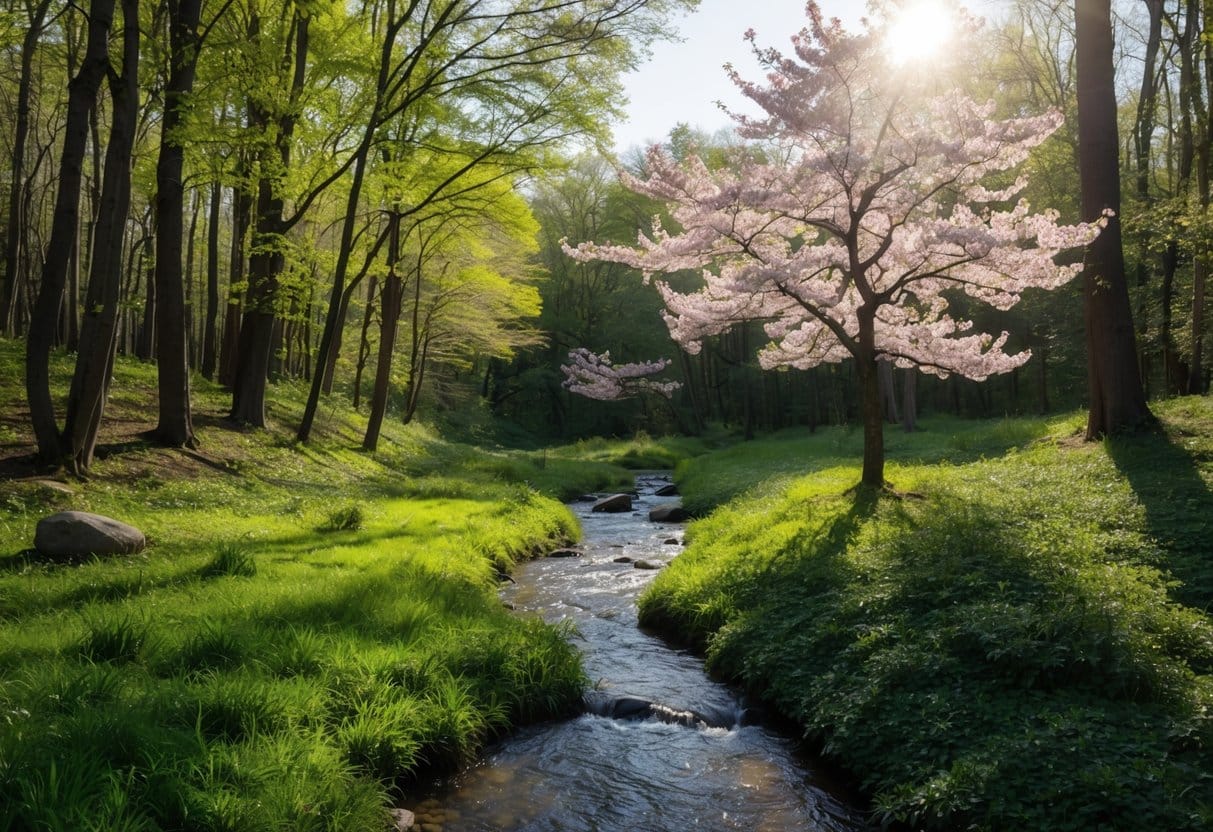 A tranquil forest clearing with dappled sunlight filtering through the trees, a peaceful stream flowing gently, and a lone, blooming cherry blossom tree symbolizing solitude and spiritual renewal