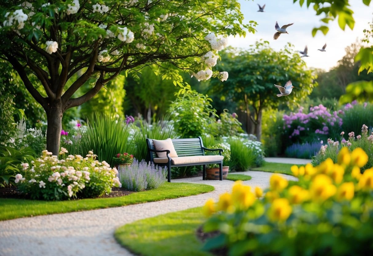 A tranquil garden with a winding path, blooming flowers, and a cozy bench nestled under a tree, surrounded by lush greenery and singing birds