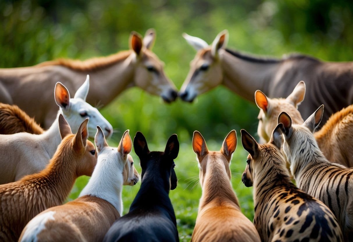 A circle of diverse animals facing each other, ears perked, in a tranquil natural setting, showing engaged, attentive body language
