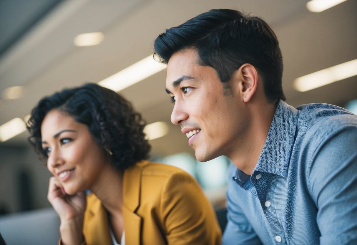 A person leaning in, attentively listening to another, with a focused expression and open body language