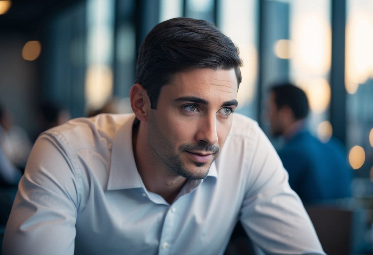 An attentive figure leans forward, head slightly tilted, eyes focused, and ears open, showing deep engagement in conversation
