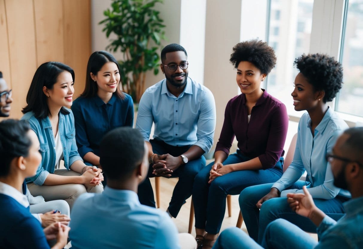 A group of diverse individuals sitting in a circle, engaged in focused and attentive conversation, with open body language and thoughtful expressions