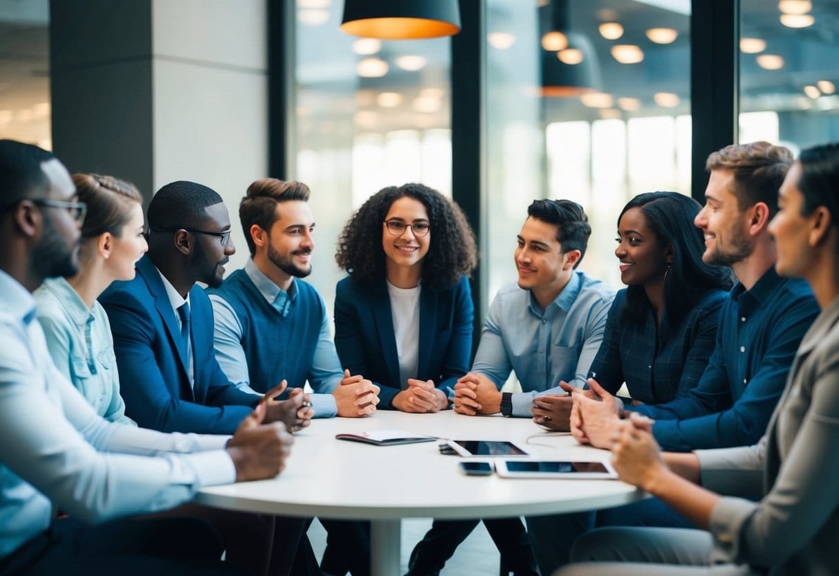 A group of diverse individuals sit in a circle, leaning forward with attentive expressions as they engage in deep conversation