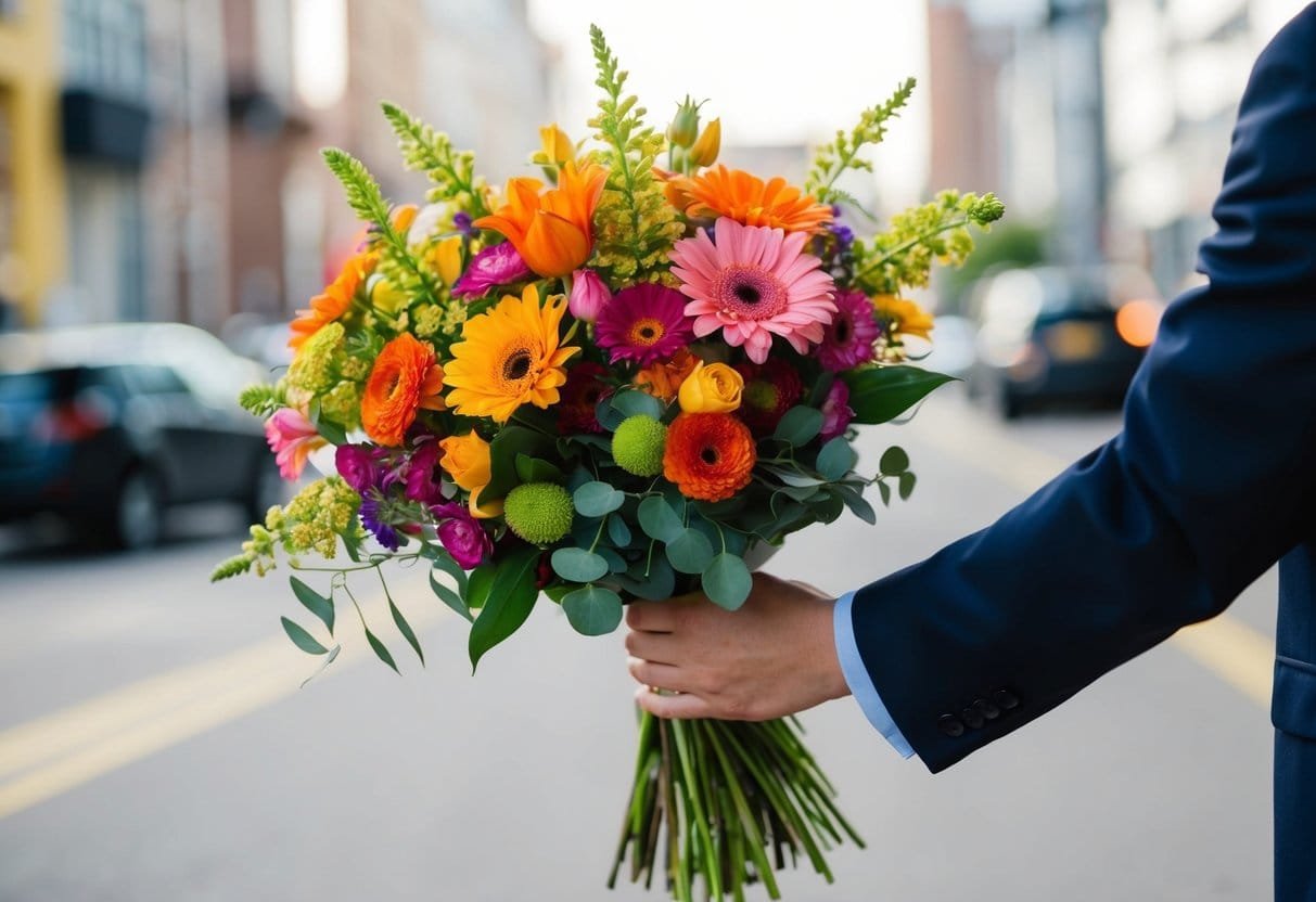 A colorful bouquet of flowers being handed to someone