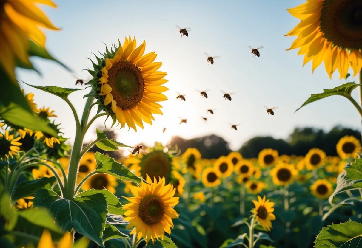 A sunflower reaching towards the sun, surrounded by a vibrant garden of blooming flowers and buzzing bees