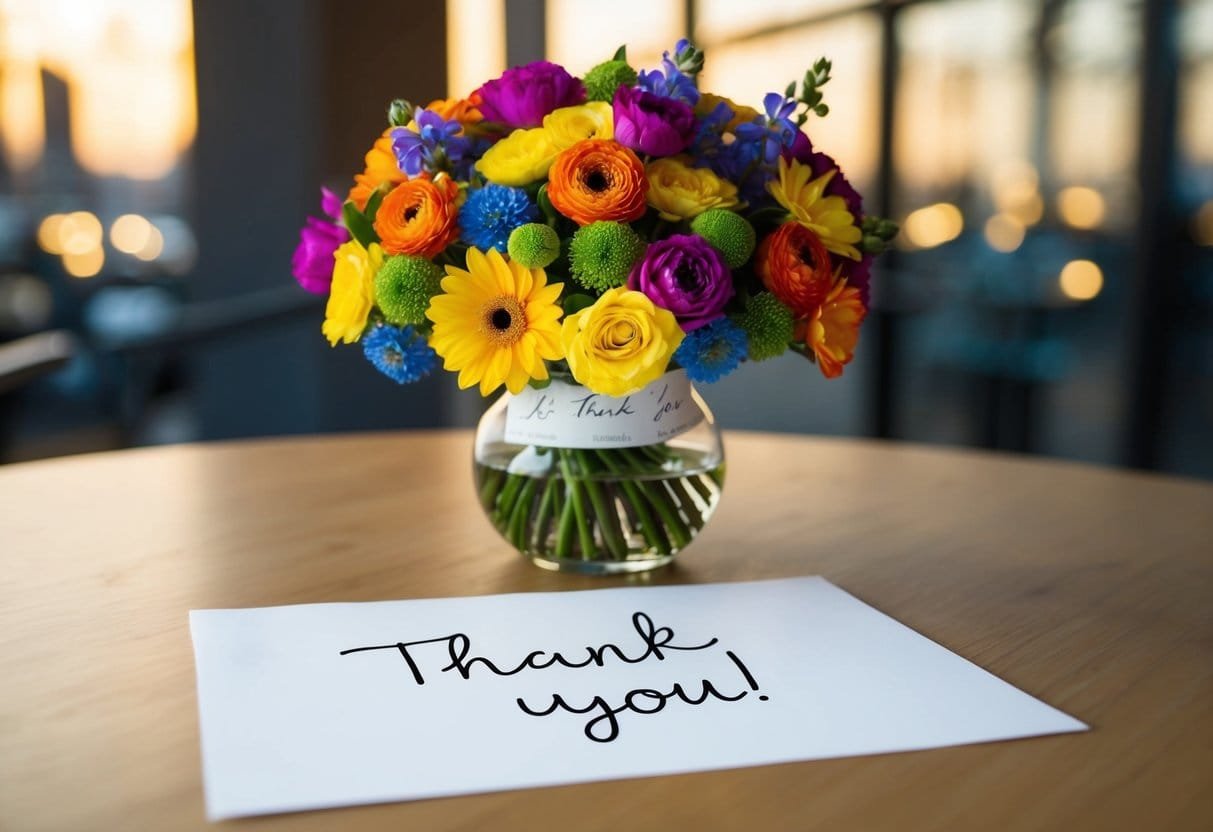 A bouquet of colorful flowers placed on a table, with a handwritten thank you note attached