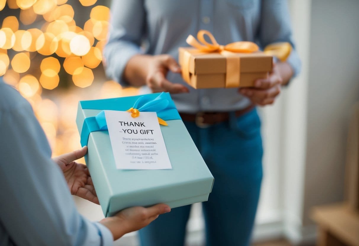 A person receiving a personalized thank-you gift, tailored to their interests and preferences, with a thoughtful note attached