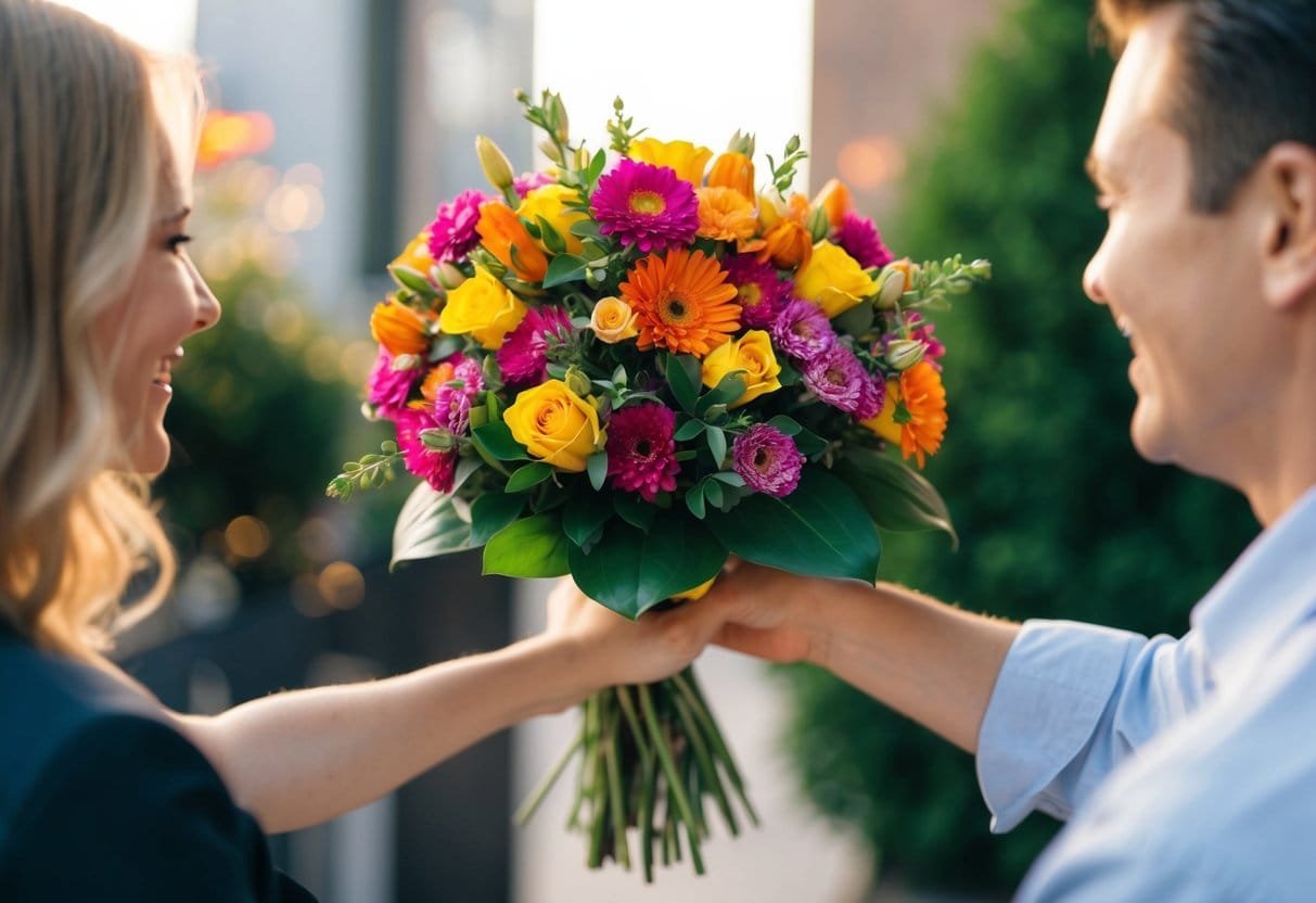 A bouquet of colorful flowers being handed to someone with a smile