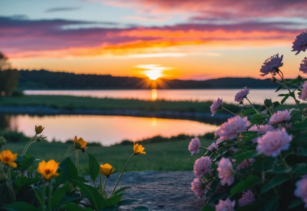 A serene landscape with a vibrant sunset, featuring a peaceful setting with blooming flowers and a tranquil body of water, evoking a sense of gratitude and appreciation for nature
