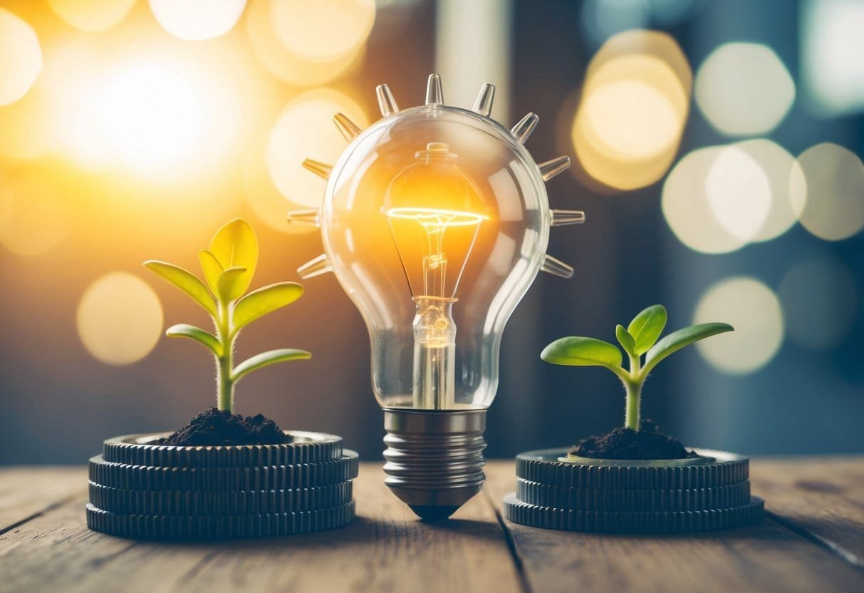 A lightbulb surrounded by gears and sprouting plant, symbolizing innovation and growth