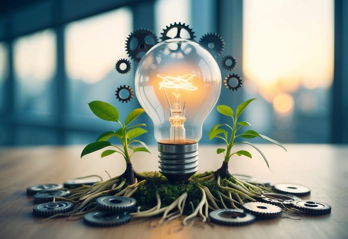 A lightbulb surrounded by gears and sprouting roots, symbolizing the growth and innovation of the entrepreneurial mindset