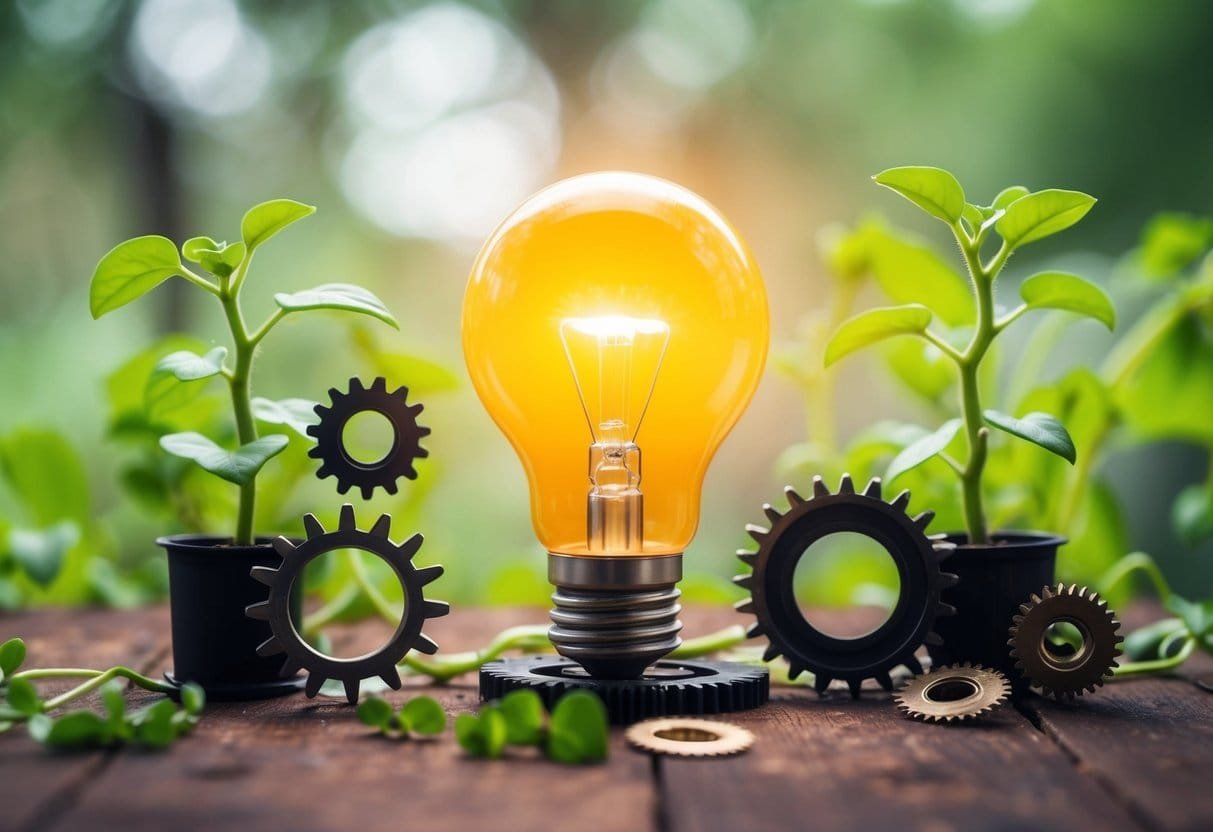 A lightbulb surrounded by gears and sprouting plant vines, symbolizing the interconnectedness of innovation, creativity, and resilience