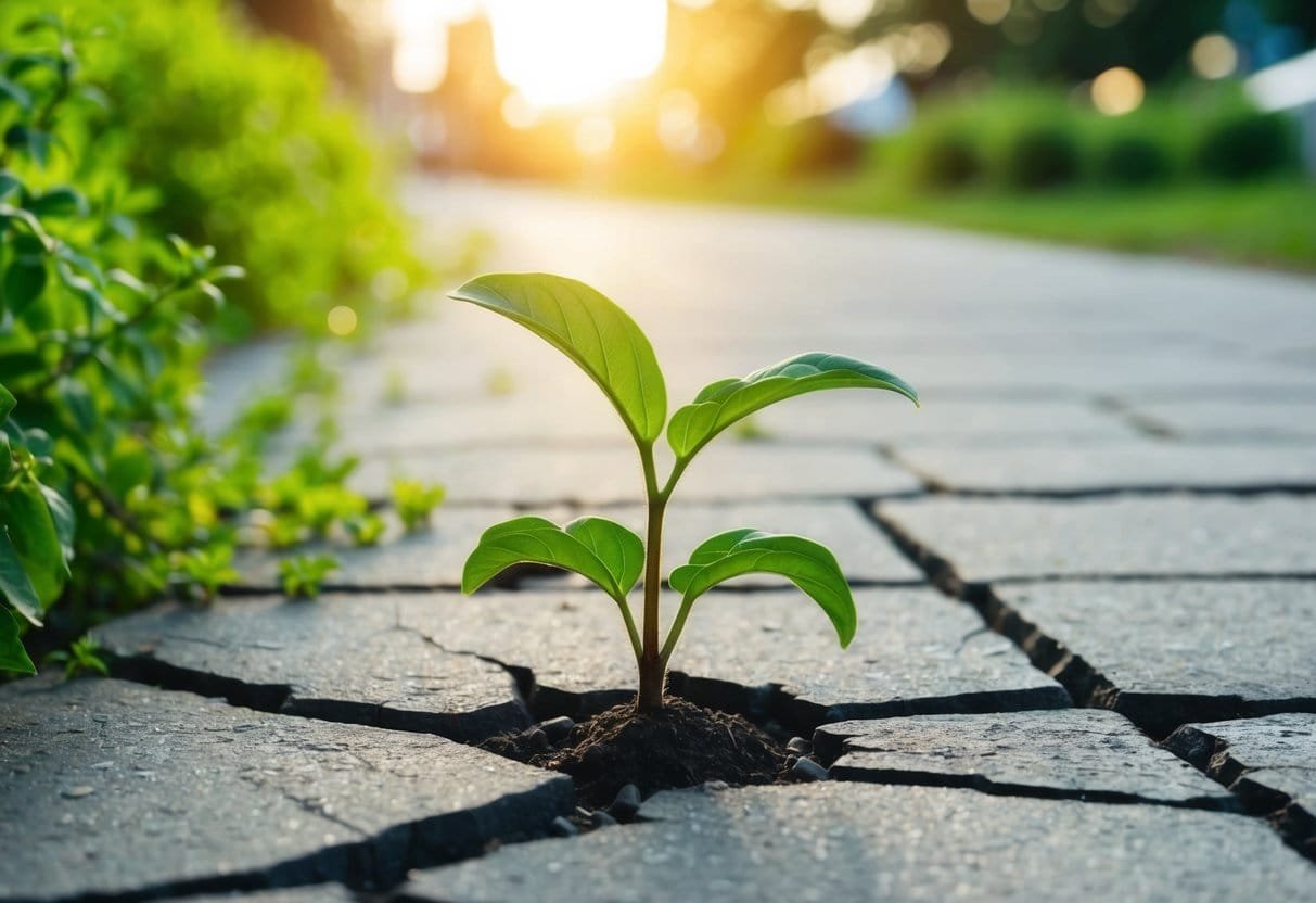 A lone seedling emerging from cracked pavement, surrounded by thriving greenery and reaching towards the sunlight